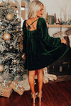 Green Tie Back Square Neck Velvet Babydoll Dress-Dresses-MomFashion