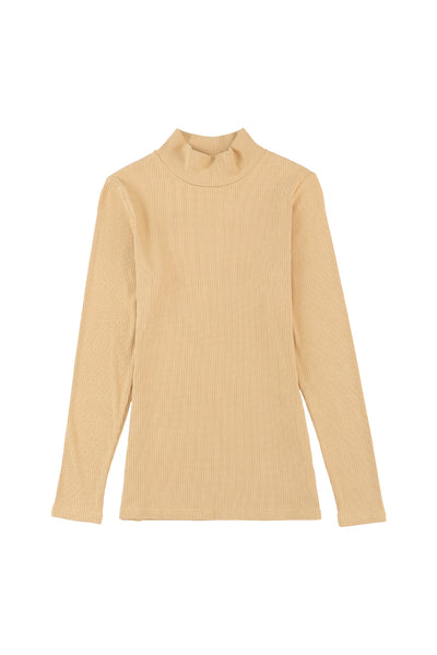 Khaki Ribbed Knit High Neck Long Sleeve Top-Tops-MomFashion