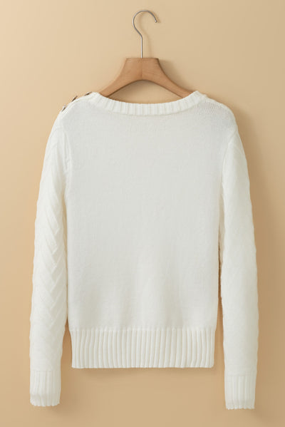 White Textured Knit Button Decor Pullover Sweater-Tops-MomFashion