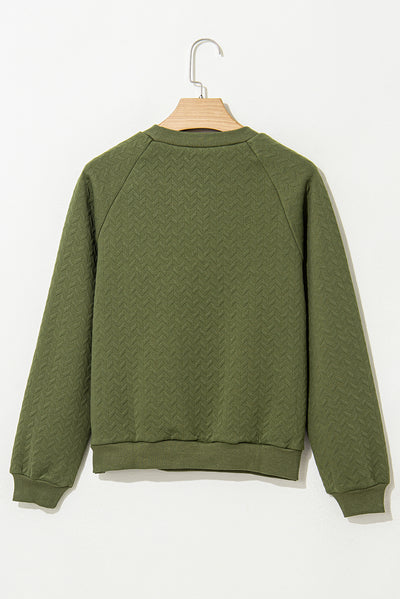 Jungle Green Solid Textured Raglan Sleeve Pullover Sweatshirt-Tops-MomFashion