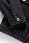 Black Metal Buttons Flap Pocket Drop Shoulder Denim Jacket-Outerwear-MomFashion