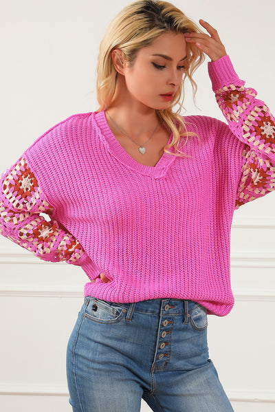 Rose Floral Crochet Cable Knit V Neck Sweater-Tops-MomFashion