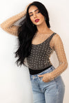 Apricot Pearl and Rhinestone Detail Sheer Mesh Top-Tops-MomFashion