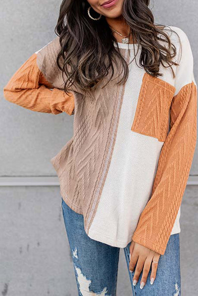 Orange Long Sleeve Colorblock Chest Pocket Textured Knit Top-Tops-MomFashion