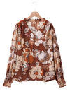 Brown Frilled V Neck Bubble Sleeve Floral Blouse-Tops-MomFashion