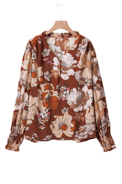 Brown Frilled V Neck Bubble Sleeve Floral Blouse-Tops-MomFashion