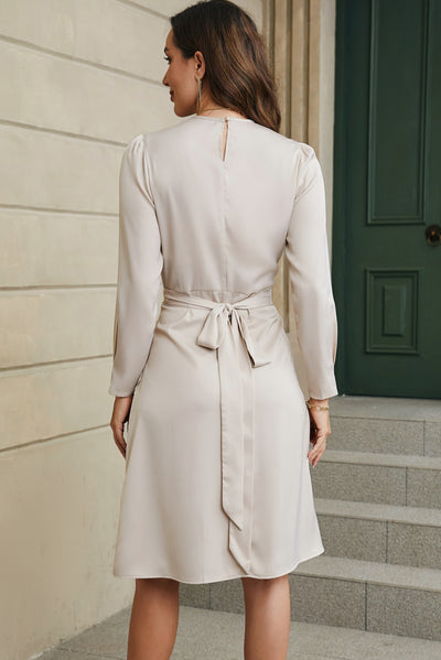 Apricot Twist Front Tie Back Long Sleeve Satin Dress-Dresses-MomFashion