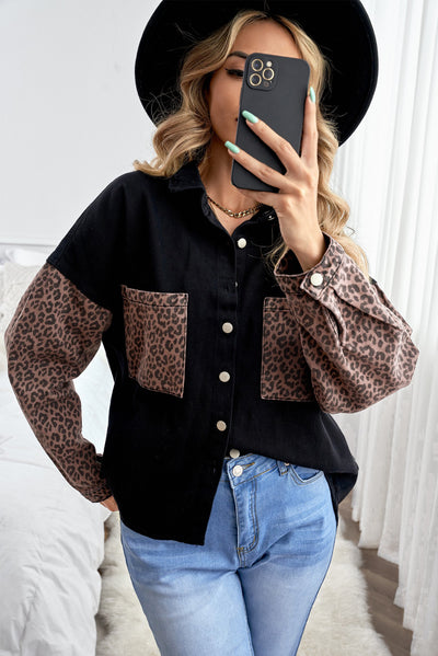 Black Contrast Leopard Denim Jacket-Outerwear-MomFashion