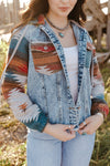 Multicolor Aztec Print Frayed Hem Denim Jacket-Outerwear-MomFashion