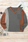 Brown V Neck Color Block Patchwork Loose Pullover-Tops-MomFashion