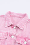 Pink Acid Wash Button Flap Pocket Denim Jacket-Outerwear-MomFashion