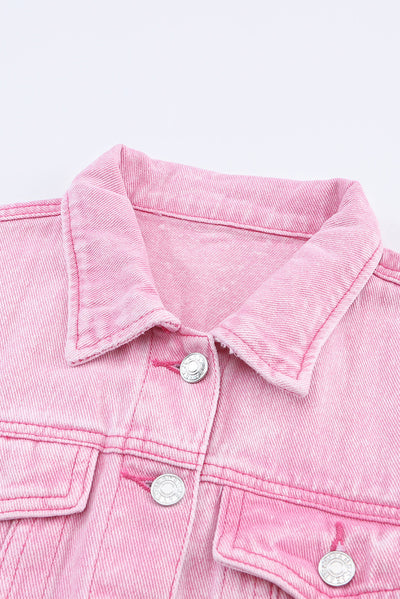 Pink Acid Wash Button Flap Pocket Denim Jacket-Outerwear-MomFashion