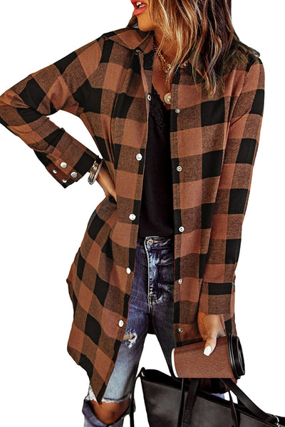 Brown Turn-down Collar Plaid Shirt Coat-Outerwear-MomFashion