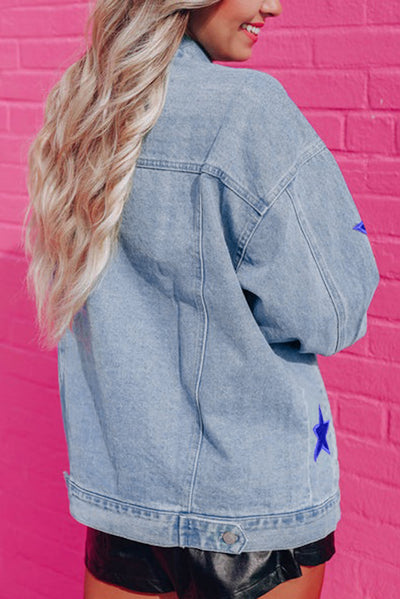 Bluing Sequin Star Flap Pocket Denim Jacket-Outerwear-MomFashion