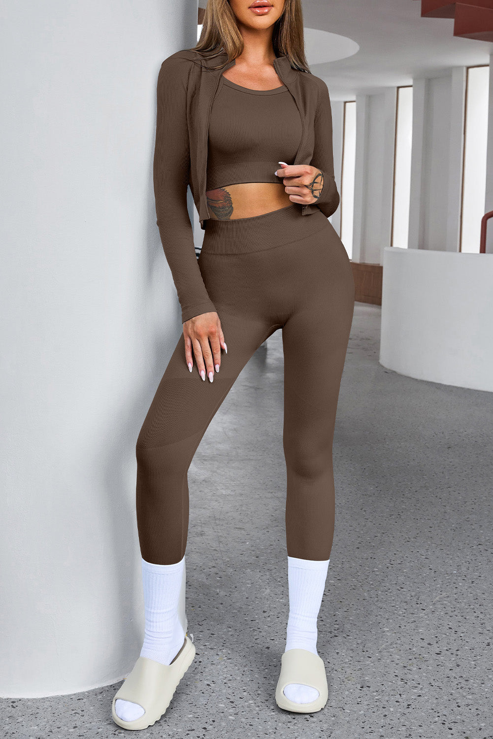 Brown Ribbed Knit 3pcs Sports Set-Activewear-MomFashion