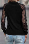 Black Striped Mesh Long Sleeve Crewneck Ribbed Top-Tops-MomFashion