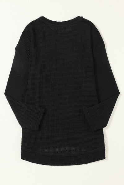 Black Waffle Knit High Slits Oversized Top-Tops-MomFashion