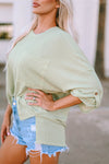 Green Ribbed Roll-tab Sleeve Chest Pocket Oversize Top-Tops-MomFashion