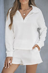 White Ribbed Zipper Sweatshirt and High Waist Shorts Set-Loungewear-MomFashion