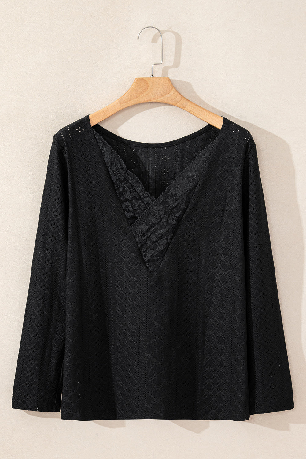Black Floral Lace Splicing Eyelet Long Sleeve Top-Tops-MomFashion