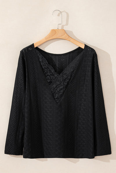 Black Floral Lace Splicing Eyelet Long Sleeve Top-Tops-MomFashion