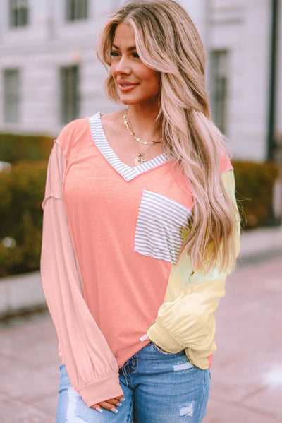 Striped Color Block Splicing Long Sleeve T Shirt-Tops-MomFashion