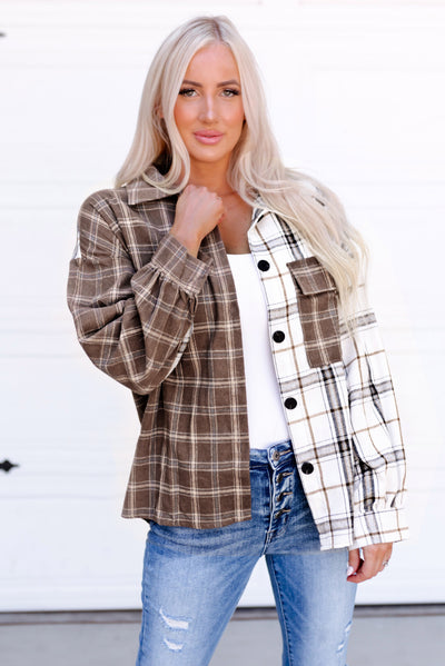 Brown Mixed Plaid Soft Oversized Shirt-Tops-MomFashion