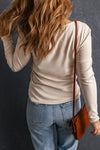 Beige Lace Crochet V Neck Long Sleeve Top-Tops-MomFashion