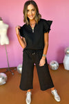 Black Textured Flutter Sleeve Top Wide Leg Pants Set-Loungewear-MomFashion