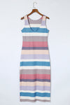 Multicolor Stripe Print Slit Maxi Tank Top Dress-Dresses-MomFashion