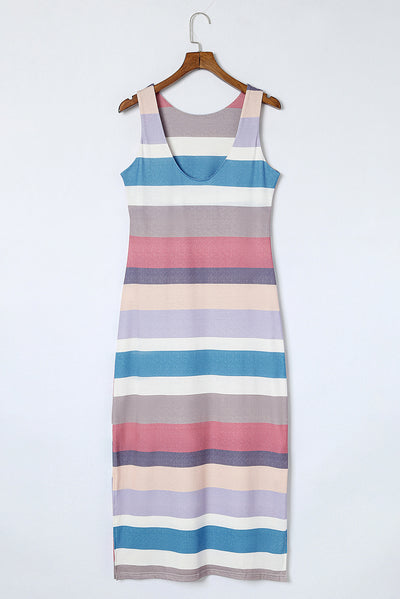 Multicolor Stripe Print Slit Maxi Tank Top Dress-Dresses-MomFashion