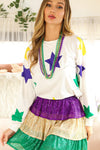 White Mardi Gras Star Printed Long Sleeve Top-Tops-MomFashion