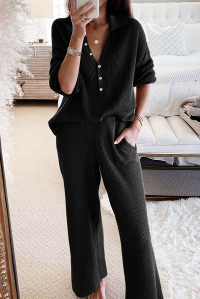 Black Ribbed Knit Collared Henley Top and Pants Lounge Outfit-Loungewear-MomFashion