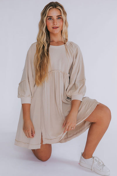 Oatmeal 3/4 Sleeves High Waist Slits Mini Dress-Dresses-MomFashion