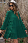 Green Puff Sleeve Mock Neck Back Knot Tiered Dress-Dresses-MomFashion