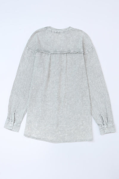 Gray Crinkle Textured Loose Henley Top-Tops-MomFashion