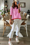 Pink Contrast Trimmed Striped Drop Shoulder Sweater-Tops-MomFashion