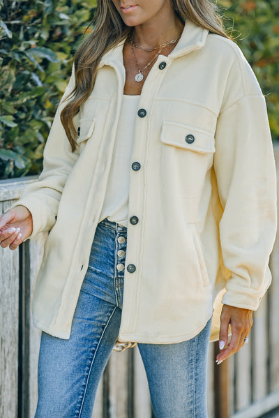 Beige Turn Down Collar Buttoned Shirt Jacket-Outerwear-MomFashion