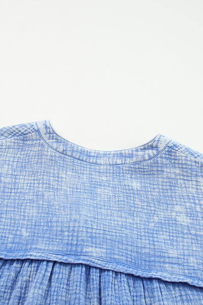 Sky Blue Crinkle Textured Loose Henley Top-Tops-MomFashion