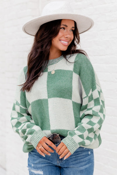 Mint Green Checkered Print Drop Shoulder Sweater-Tops-MomFashion