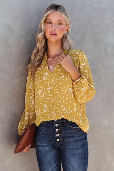 Yellow Split Neck Fall Printed Crinkled Blouse-Tops-MomFashion