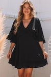 Black Ruffled 3/4 Sleeve V Neck Babydoll Mini Dress-Dresses-MomFashion