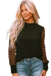 Black Leopard Print Long Sleeve Ribbed Knit Blouse-Tops-MomFashion