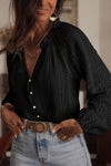 Black V-Neck Long Sleeve Button Up Lace Shirt-Tops-MomFashion