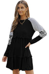 Black Striped Leopard Patchwork Long Sleeve Mini Dress-Dresses-MomFashion