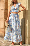 White Floral Ruffled Crop Top and Maxi Skirt Set-Dresses-MomFashion