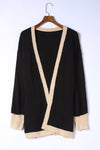 Black Contrast Trim Open Front Lantern Sleeves Cardigan-Tops-MomFashion