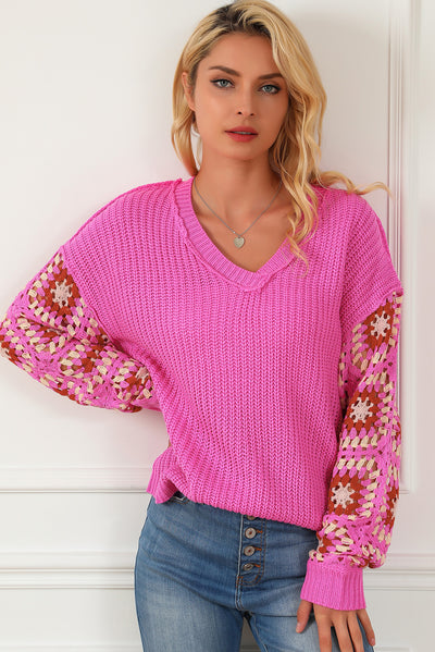 Rose Floral Crochet Cable Knit V Neck Sweater-Tops-MomFashion