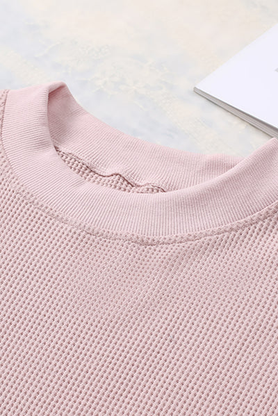 Pink Crew Neck Ribbed Trim Waffle Knit Top-Tops-MomFashion