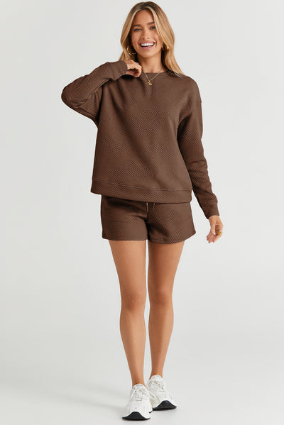 Brown Textured Long Sleeve Top and Drawstring Shorts Set-Loungewear-MomFashion